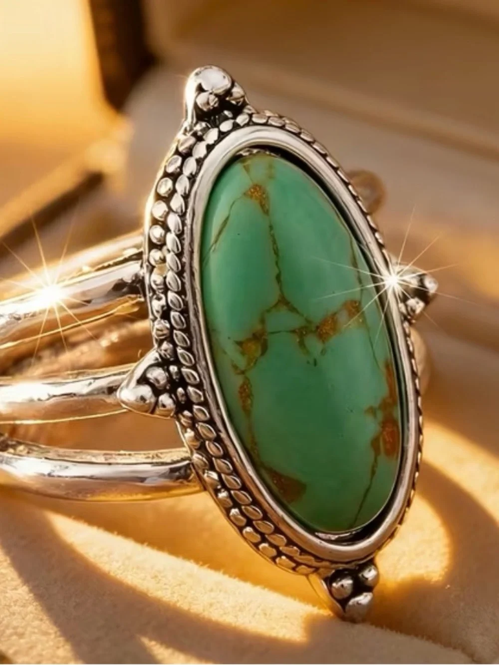 Turquoise Oval Stone Silver Ring - Green Turquoise Statement Ring